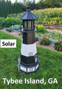 May include: A black and white lighthouse with a solar panel on top. The lighthouse is standing on a green lawn with a garden in the background. The text &#39;Solar&#39; is visible on the left side of the image. The text &#39;Tybee Island, GA&#39; is visible at the bottom of the image.