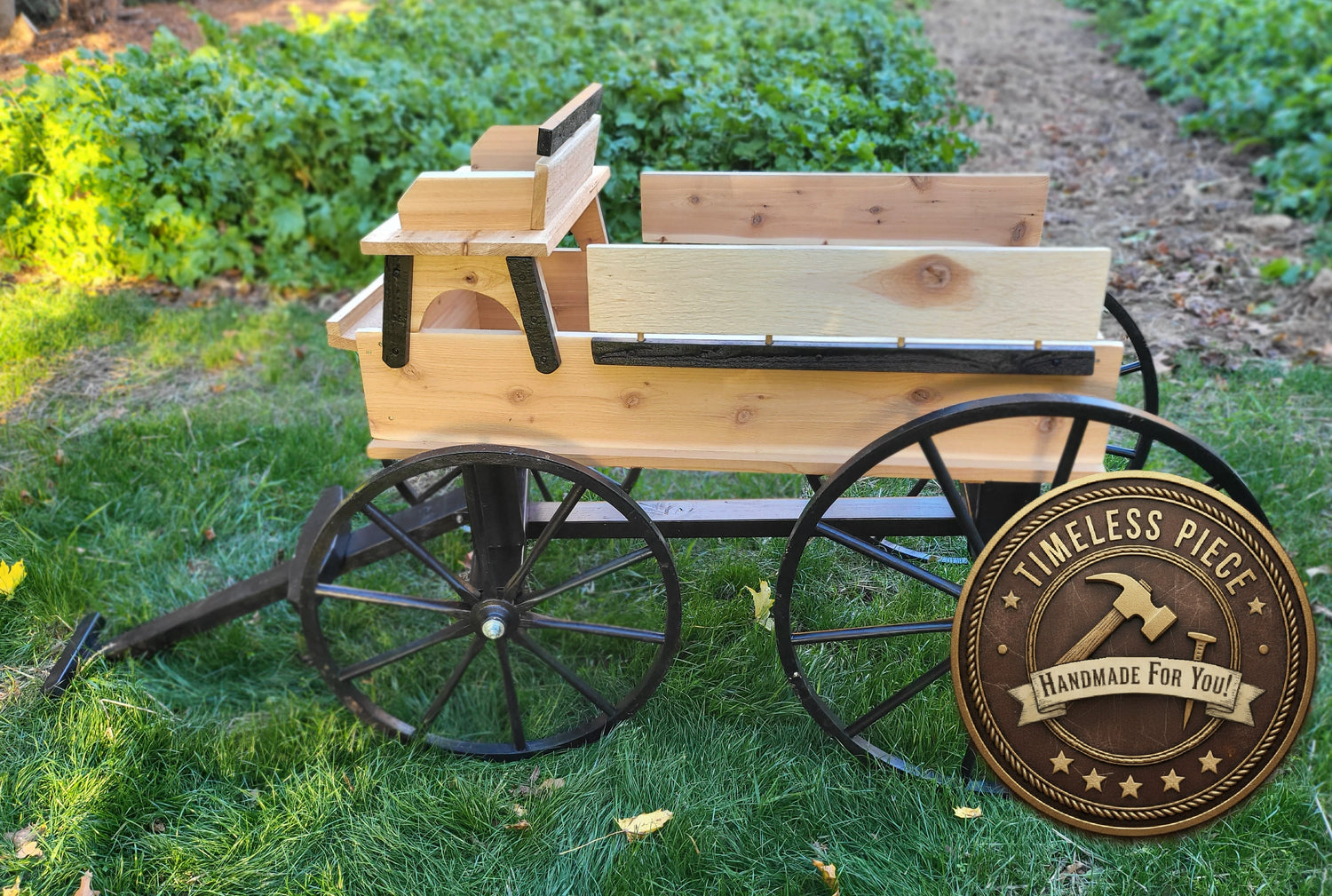 buckboard wagon, buggy wheels, primitive carriage, Amish handmade, Antique wood cart, rustic wooden cart, decorative, vintage, backyard décor