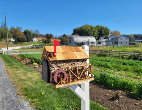 Waterwheel Mailbox, Amish Made Wooden With Red Stones Cover, Cedar Shake Roof, Decorative Waterwheel, and USPS Approved Metal Insert. - Barn Mailboxes Stone