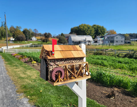 Waterwheel Mailbox, Amish Made Wooden With Red Stones Cover, Cedar Shake Roof, Decorative Waterwheel, and USPS Approved Metal Insert.