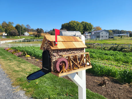 Waterwheel Mailbox, Amish Made Wooden With Red Stones Cover, Cedar Shake Roof, Decorative Waterwheel, and USPS Approved Metal Insert. - Barn Mailboxes Stone