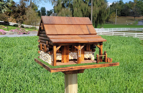 Western Bird Feeder Amish Handmade Large, Cedar Roof, Yellow Pine and White Stones