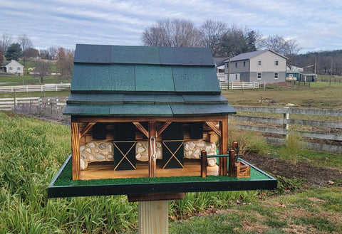 Western Bird Feeder Amish Handmade Large, Cedar Roof, Yellow Pine and White Stones