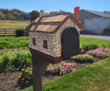 Mailbox + Post Set, White Stone House Mailbox, Amish Made + Custom Painted Post, With USPS Approved Metal Insert, Red Trim - Barn Mailboxes Stone