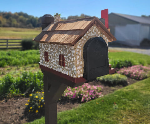 Mailbox + Post Set, White Stone House Mailbox, Amish Made + Custom Painted Post, With USPS Approved Metal Insert, Red Trim