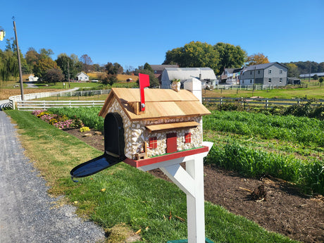 Mailbox + Post Set, White Stone House Mailbox, Amish Made + Custom Painted Post, With USPS Approved Metal Insert, Red Trim - Barn Mailboxes Stone