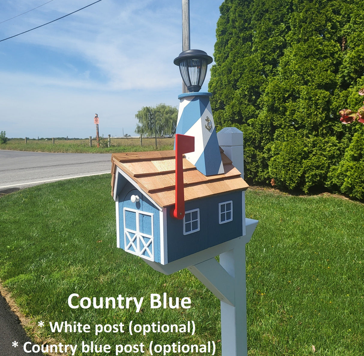 Amish Mailbox - Handmade - With Solar Lighthouse - Wooden - With Cedar Shake Shingles Roof - Color Options