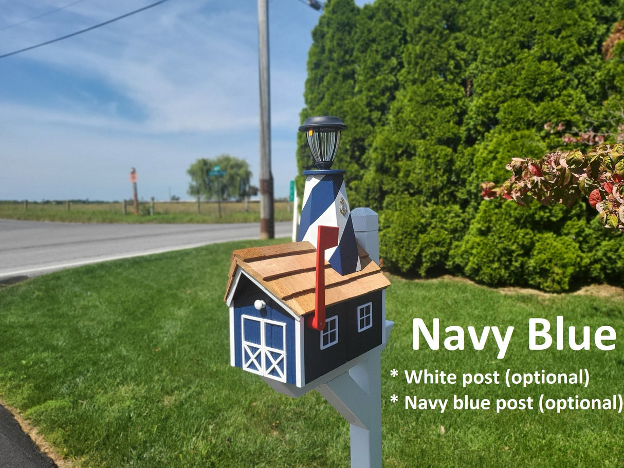 Amish Mailbox - Handmade - With Solar Lighthouse - Wooden - With Cedar Shake Shingles Roof - Color Options