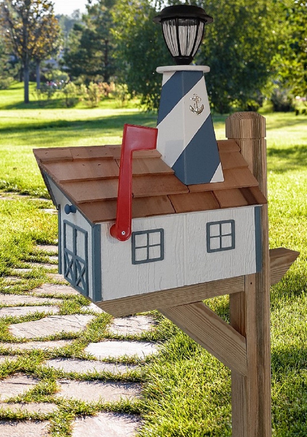Amish Mailbox - Handmade - With Solar Lighthouse - Wooden - With Cedar Shake Shingles Roof - Color Options