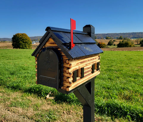 Amish Mailbox - Handmade - Log Cabin Style - Wooden - With Cedar Shake Roof and Metal Box Insert