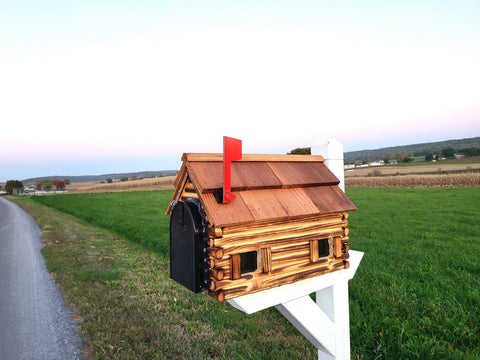 Amish Mailbox - Handmade - Log Cabin Style - Wooden - With Cedar Shake Roof and Metal Box Insert