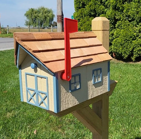 Mailbox - Amish Handmade - Wooden - Clay - Barn Style - With Tall Prominent Flag - With Cedar Shake Shingles Roof - Mailboxes - Outdoor - Barn Mailboxes Wood