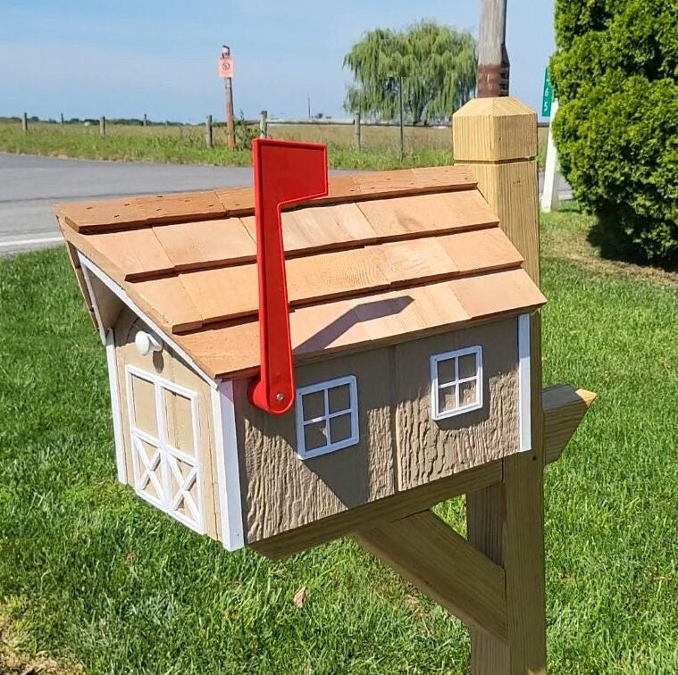 Amish Barn - Mailbox - Handmade - Wooden - Clay - Barn Style - With a Tall Prominent Sturdy Flag - Unique - Painted - Mail box - Country - Barn Mailboxes Wood