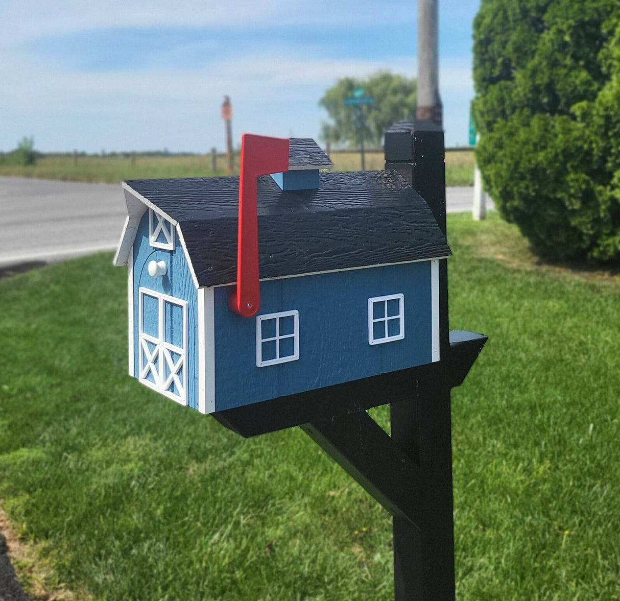 Dutch Barn Wood Mailbox Amish Made, Choose Your Color, Amish Mailbox With Red Flag, Black Roof - Dutch Barn