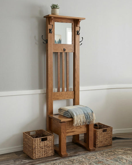 Amish Handmade Hall Seat - Storage Bench - Multipurpose Cabinet - Farmhouse Hall Tree - Mirror Home Decor - Primitive Storage- Rustic- Hooks - Cabinets, Dresser, Table