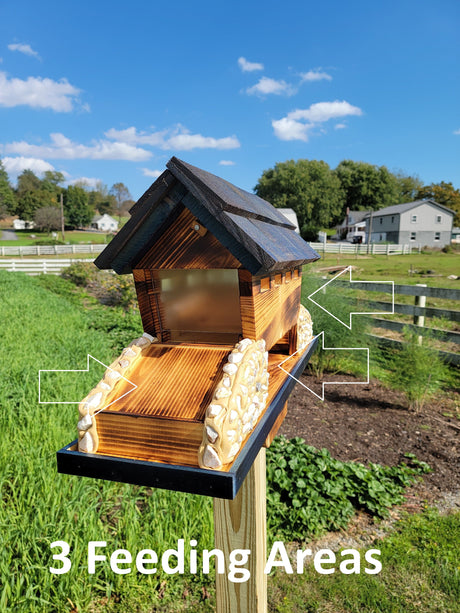 Bird Feeder Amish Handmade, White Pine and White Stones Bridge Design With 3 Feeding Areas