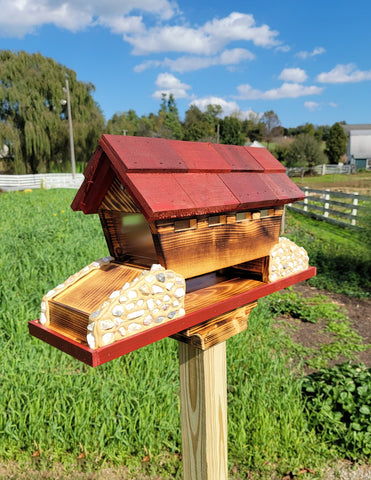 Bird Feeder Amish Handmade, White Pine and White Stones Bridge Design With 3 Feeding Areas