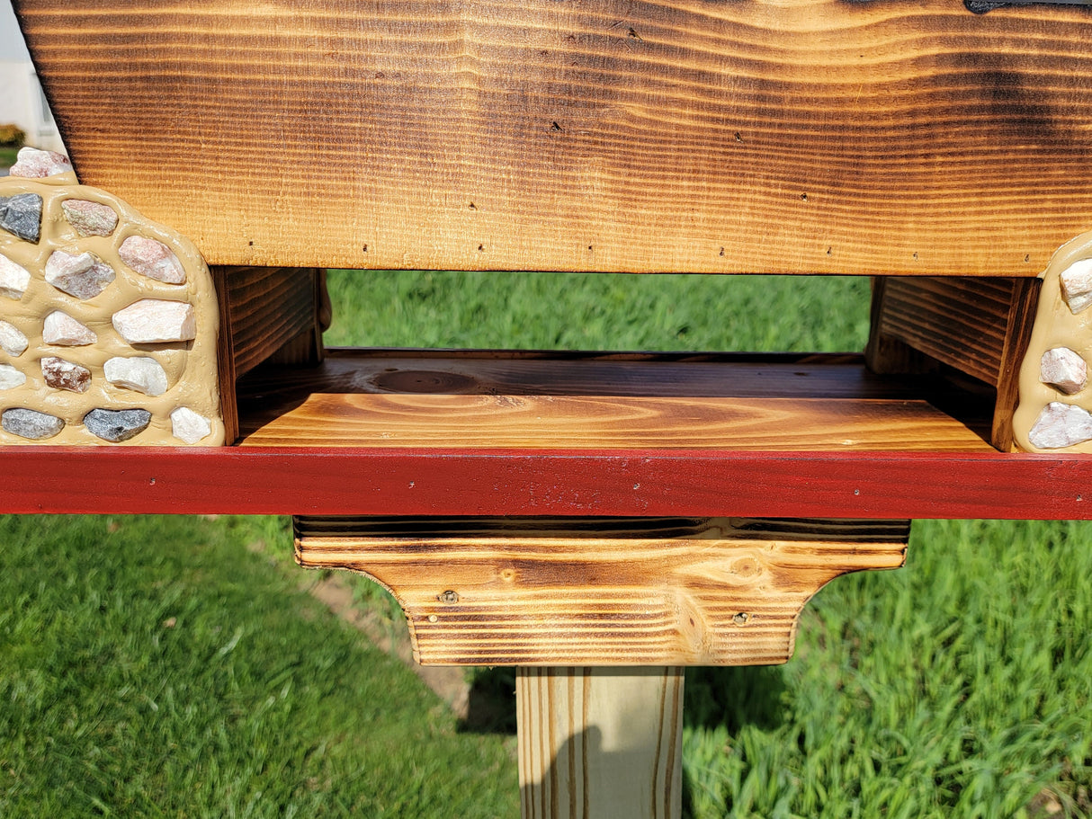 Bird Feeder Amish Handmade, White Pine and White Stones Bridge Design With 3 Feeding Areas