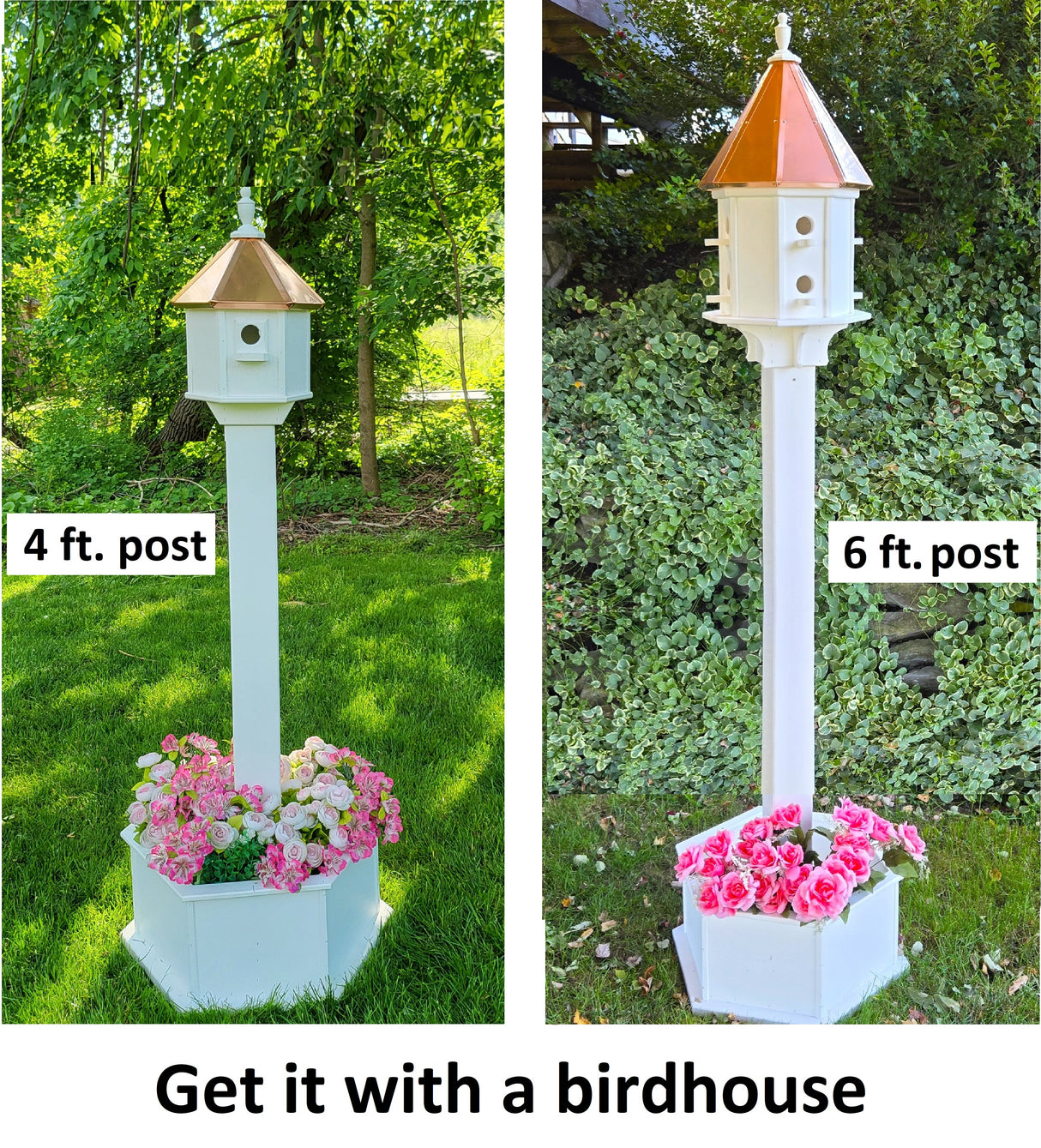 Planter Kit For Birdhouses and Bird Feeders - White - Set of Planter & Post - Amish Handmade - Bird Lovers - Flowers - Outdoor Décor