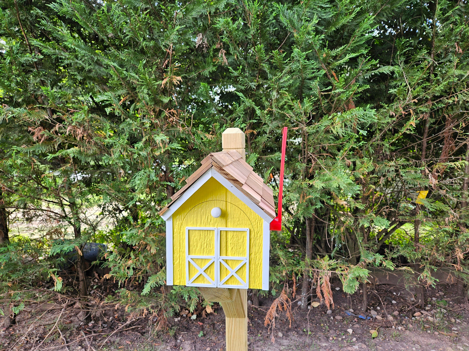 Amish Mailbox Yellow - Handmade - Wooden - Barn Style - With a Tall Prominent Sturdy Flag - With Cedar Shake Shingles Roof
