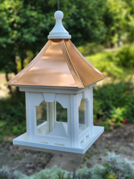 Hanging Bird Feeder, Patina Copper Roof, Large Capacity Feed Tray, Square Design