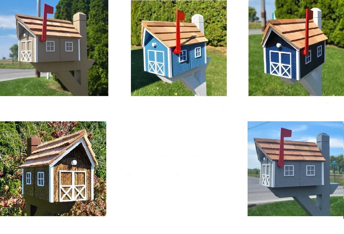 Amish Mailbox Horse and Carriage Design Handmade horse and Buggy Barn Style Wooden Mailbox With Tall Prominent Sturdy Flag and Cedar Roof