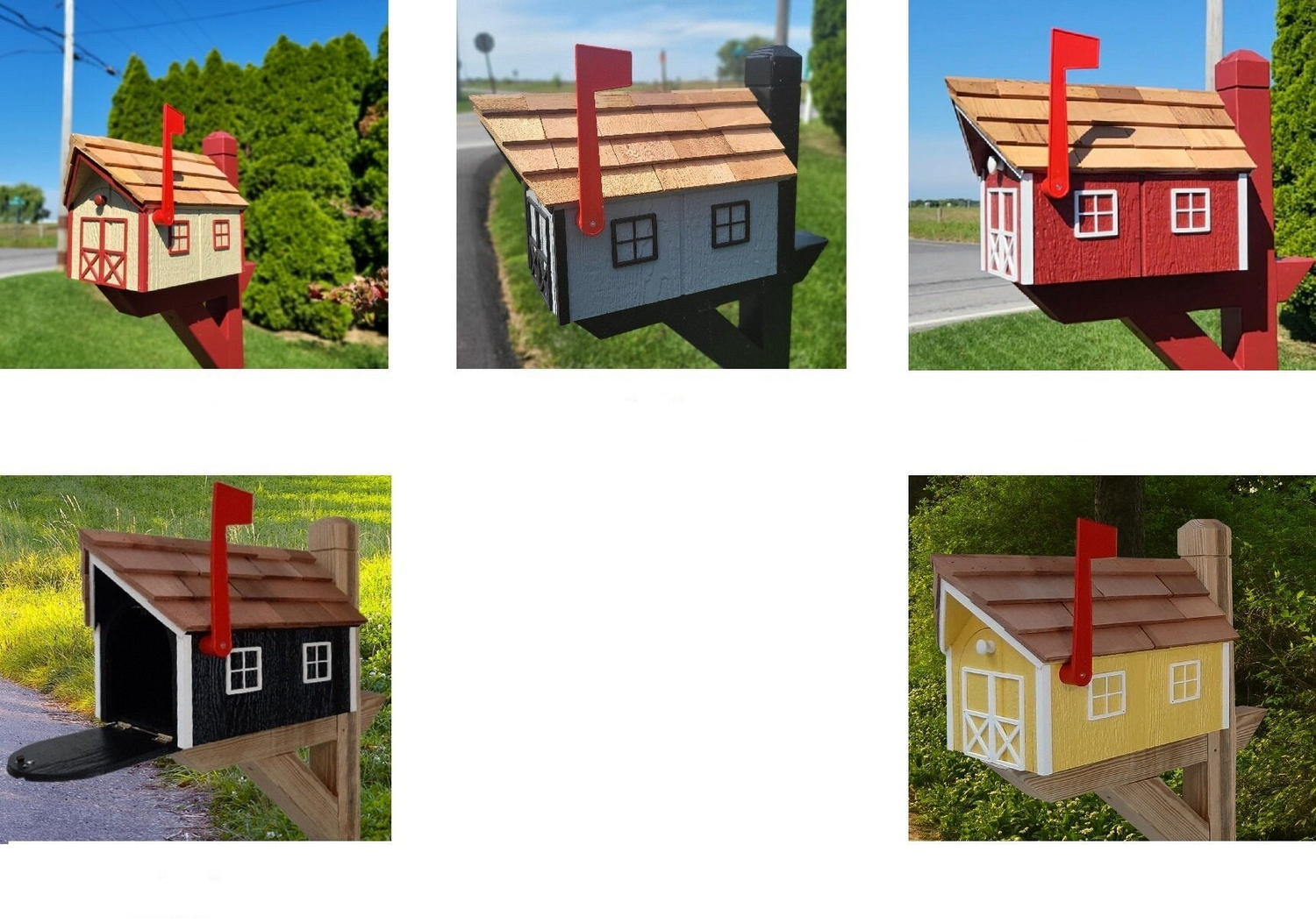 Amish Mailbox Horse and Carriage Design Handmade horse and Buggy Barn Style Wooden Mailbox With Tall Prominent Sturdy Flag and Cedar Roof