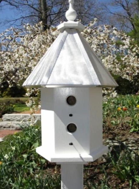 Bird House - 4 Nesting Compartments - Handmade - Weather Resistant - Wooden - Burnished Aluminum Roof - Birdhouse Outdoor -Post Not Included