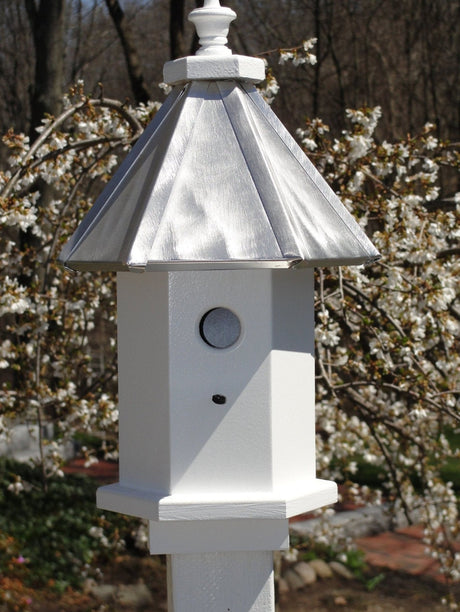 Bird House - 1 Nesting Compartment - 6 Sided - Handmade - Wooden - Burnished Aluminum Roof - Weather Resistant - Birdhouse Outdoor