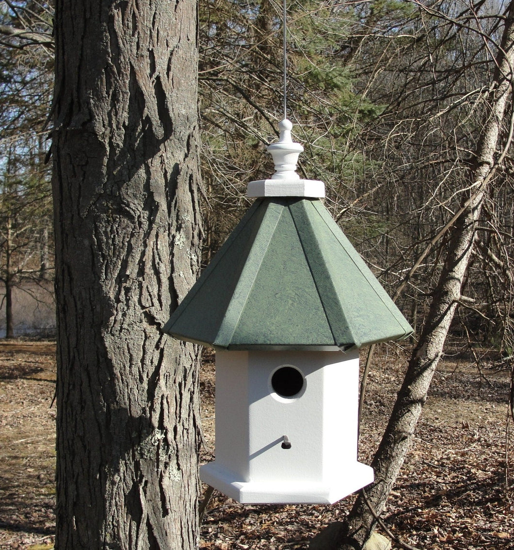 Bird House - 1 Nesting Compartment - Hanging - Handmade - 6 Sided - Faux Patina Aluminum Roof - Weather Resistant - Birdhouse Outdoor