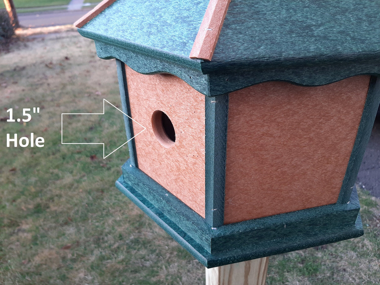 Bird House - 3 Nesting Compartments - Amish Handmade - Green Cedar - Weather Resistant - Made of Poly Lumber - Birdhouse Outdoor