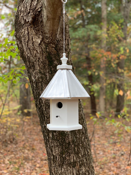 Bird House - 1 Nesting Compartment - Hanging - Handmade - 6 Sided - Faux Patina Aluminum Roof - Weather Resistant - Birdhouse Outdoor