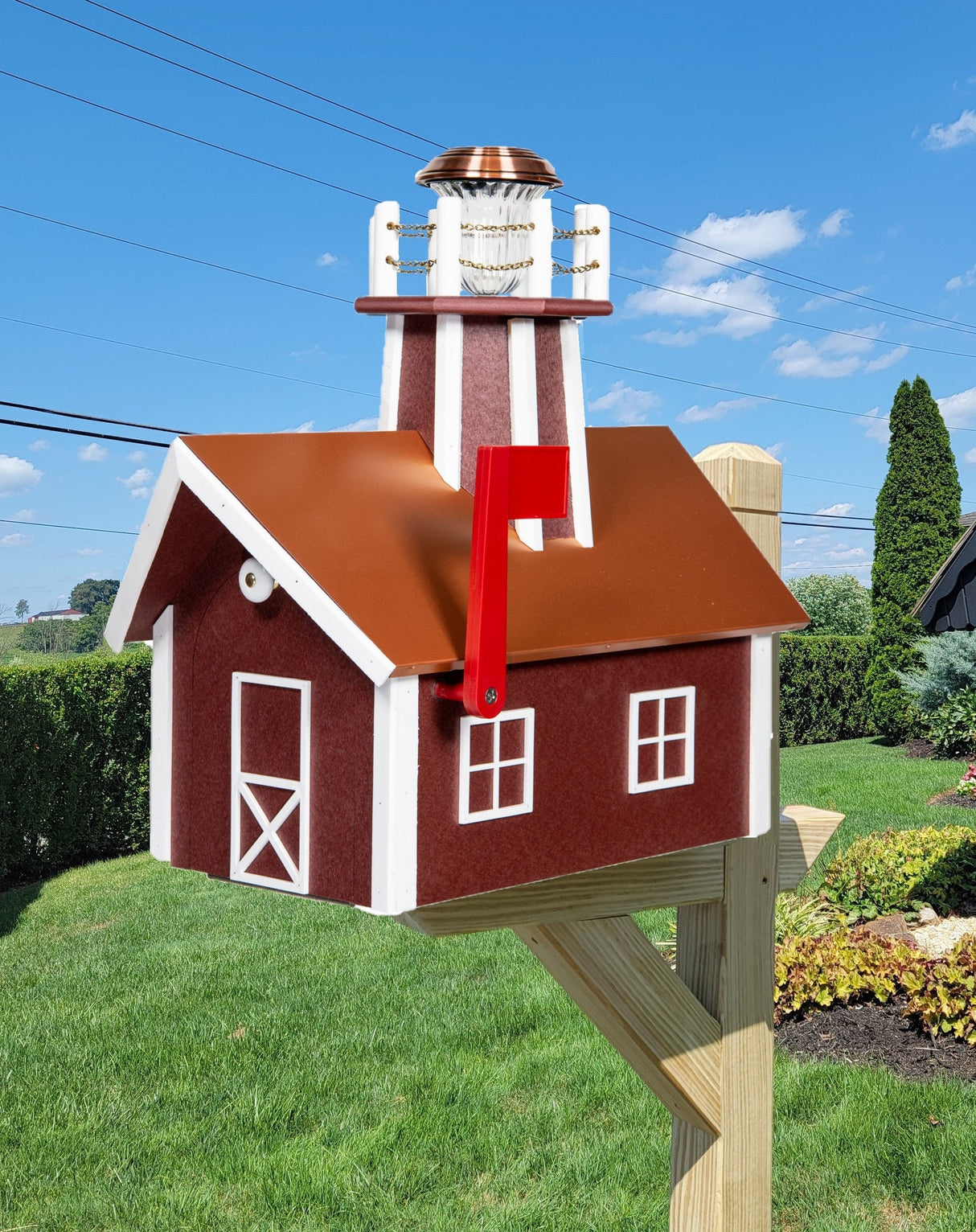 Amish Mailbox With Solar Lighthouse - Wood or Poly Lumber - Handmade Active - Mailboxes