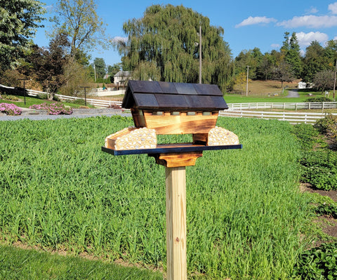 Bird Feeder Amish Handmade, White Pine and White Stones Bridge Design With 3 Feeding Areas