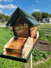 Load image into Gallery viewer, Bird Feeder Amish Handmade, White Pine and White Stones Bridge Design With 3 Feeding Areas
