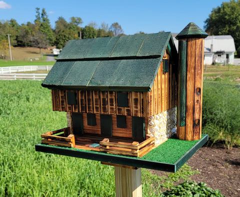 Log Cabin Barn Bird Feeders Amish Handmade, With Cedar Roof, Silo and White Stones, Extra Large Handcrafted Amish Double Bird Feeders