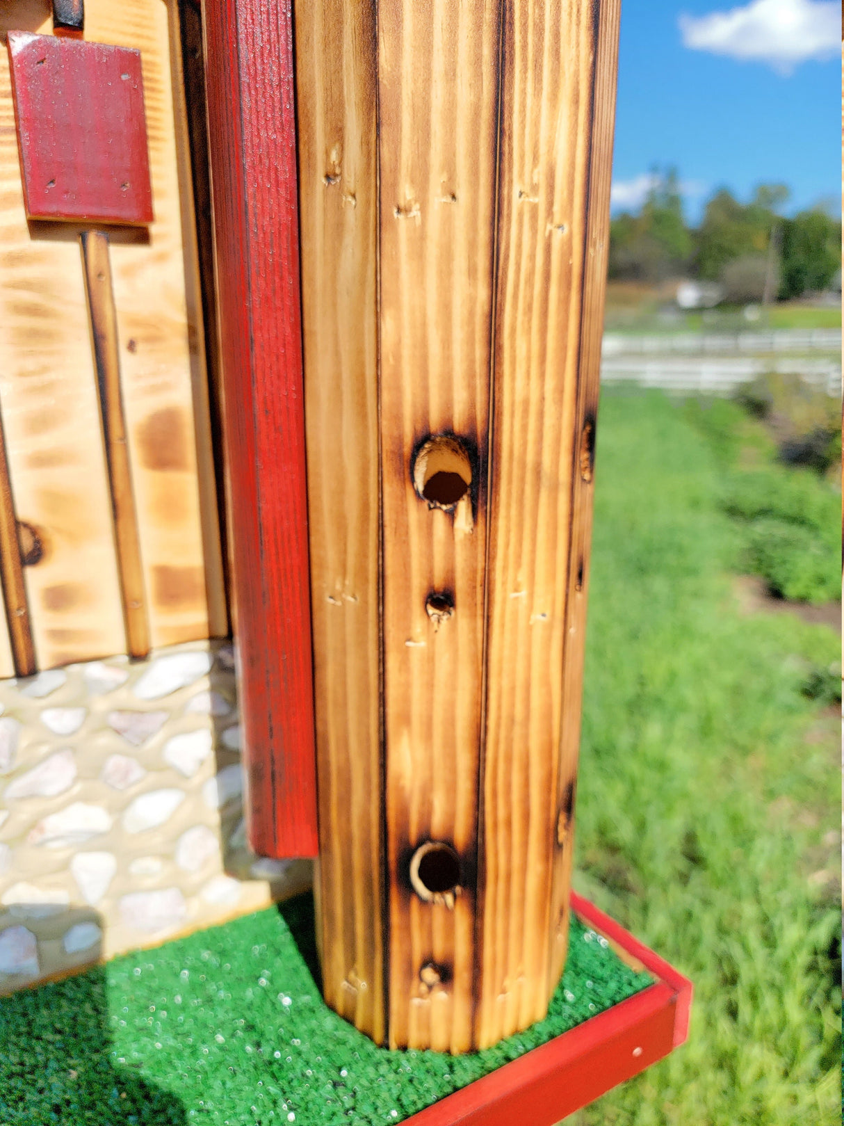 Barn Bird Feeder Log Cabin Amish Handmade, With Cedar Roof, Silo and White Stones, Extra Large Handcrafted Amish Double Bird Feeders