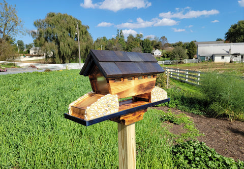 Covered Bird Feeder Amish Made With 3 Feeding Areas, Large, Made of White Pine and White Stones, Bridge Design