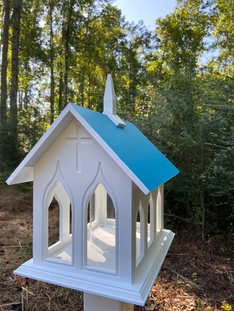 Chapel Bird Feeder Handmade, Choose Roof Color, Gothic Arches Design, Pole Not Included