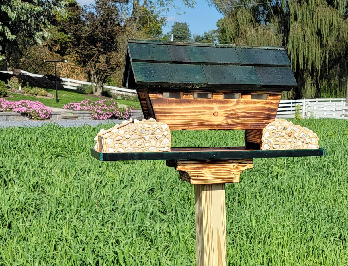 Bird Feeder Amish Made Large, Made of White Pine and White Stones, Bridge Design With 3 Feeding Areas