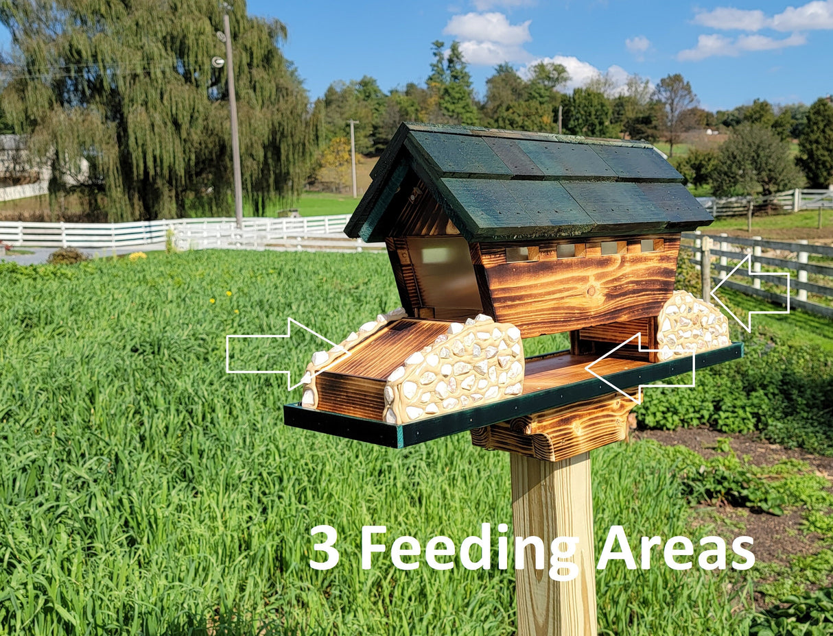 Bird Feeder Amish Made Large, Made of White Pine and White Stones, Bridge Design With 3 Feeding Areas