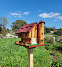 Load image into Gallery viewer, Barn Bird Feeder Log Cabin Amish Handmade, With Cedar Roof, Silo and White Stones, Extra Large Handcrafted Amish Double Bird Feeders
