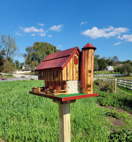 Barn Bird Feeder Log Cabin Amish Handmade, With Cedar Roof, Silo and White Stones, Extra Large Handcrafted Amish Double Bird Feeders