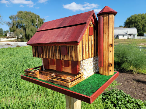 Barn Bird Feeder Log Cabin Amish Handmade, With Cedar Roof, Silo and White Stones, Extra Large Handcrafted Amish Double Bird Feeders