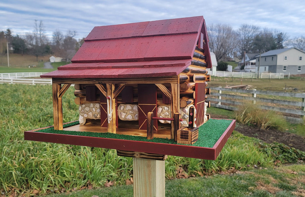 Western Bird Feeder Amish Handmade Large, Cedar Roof, Yellow Pine and White Stones