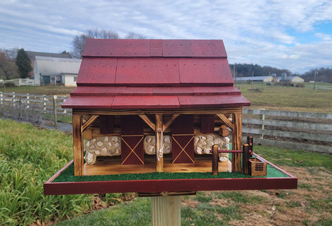 Western Bird Feeder Amish Handmade Large, Cedar Roof, Yellow Pine and White Stones