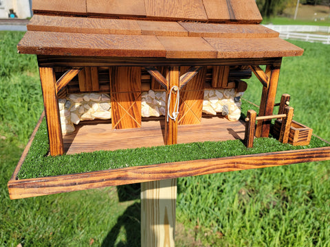 Western Bird Feeder Amish Handmade Large, Cedar Roof, Yellow Pine and White Stones