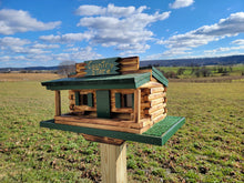 Load image into Gallery viewer, Log Cabin Bird Feeder Amish Handmade, Country Store Design, Multi Colors, Optional Custom Sign, Made of Pine With Cedar Roof
