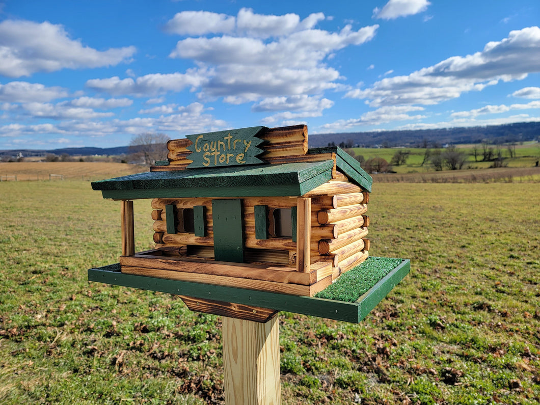 Log Cabin Bird Feeder Amish Handmade, Country Store Design, Multi Colors, Optional Custom Sign, Made of Pine With Cedar Roof