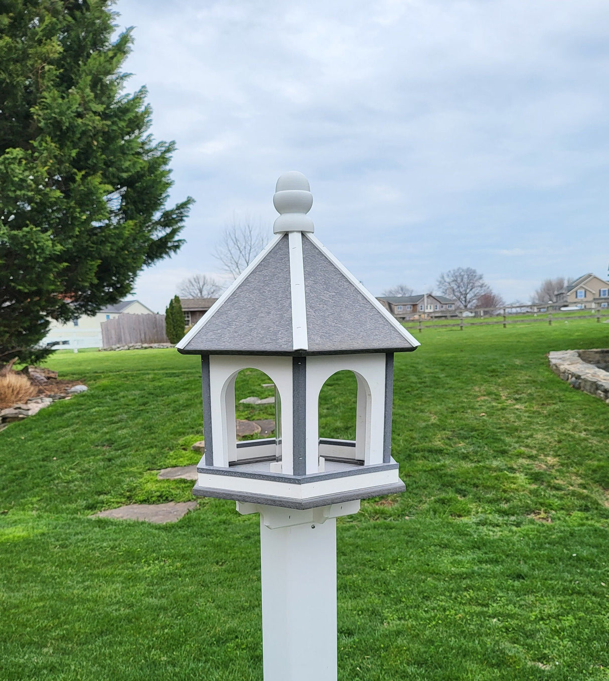 Amish Bird Feeder - Handmade - Arch Design - Large - Weather Resistant Poly Lumber - Premium Feeding Tube - Easy Mounting on 4"x4" Pole/Post